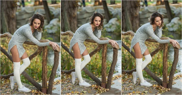 Ragazza Sensuale Con Gambe Lunghe Sdraiato Una Scena Autunnale Gambe — Foto Stock