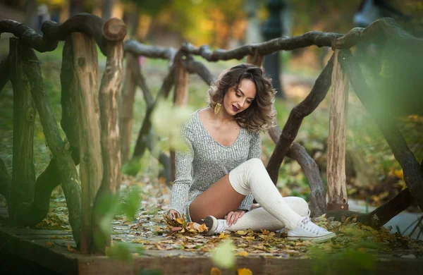 Sinnliche Mädchen Mit Langen Beinen Liegen Einem Herbstlichen Szenen Lange — Stockfoto