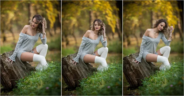 Ragazza Sensuale Con Gambe Lunghe Seduta Ceppo Una Scena Autunnale — Foto Stock