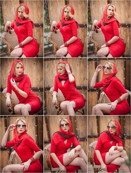 Modische Attraktive Blonde Frau Rotem Kleid Auf Einem Stuhl Sitzend — Stockfoto
