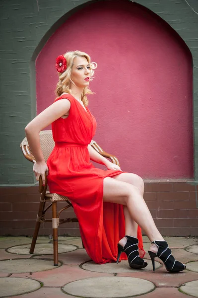 Fashionable Attractive Blonde Woman Red Dress Sitting Chair Beautiful Elegant — Stock Photo, Image