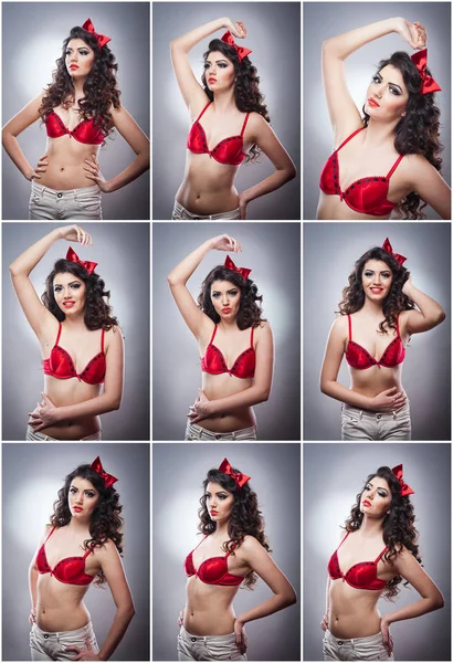 Attractive Girl Red Bow Her Head Red Bra Send Kiss — Stock Photo, Image