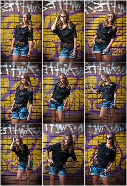 Beauty Girl Posing Fashion Red Brick Wall Street Young Woman — Stock Photo, Image