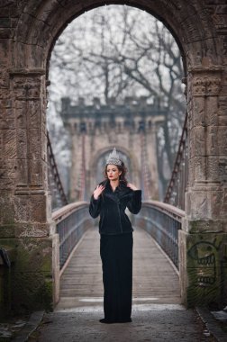 Güzel peri masalı kış kraliçe parlak taç ve zarif siyah kürk manto ile ormanda. Kabarık kar pul.