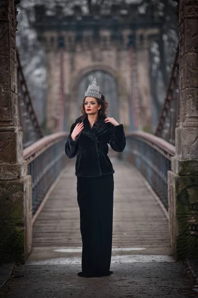 Mooie Sprookjesachtige Winter Koningin Het Bos Met Sprankelende Tiara Elegante — Stockfoto