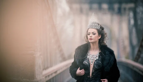 Hermosa Reina Invierno Cuento Hadas Bosque Con Tiara Brillante Elegante —  Fotos de Stock