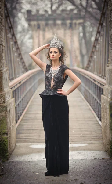 Mooie Sprookjesachtige Winter Koningin Het Bos Met Sprankelende Tiara Elegante — Stockfoto