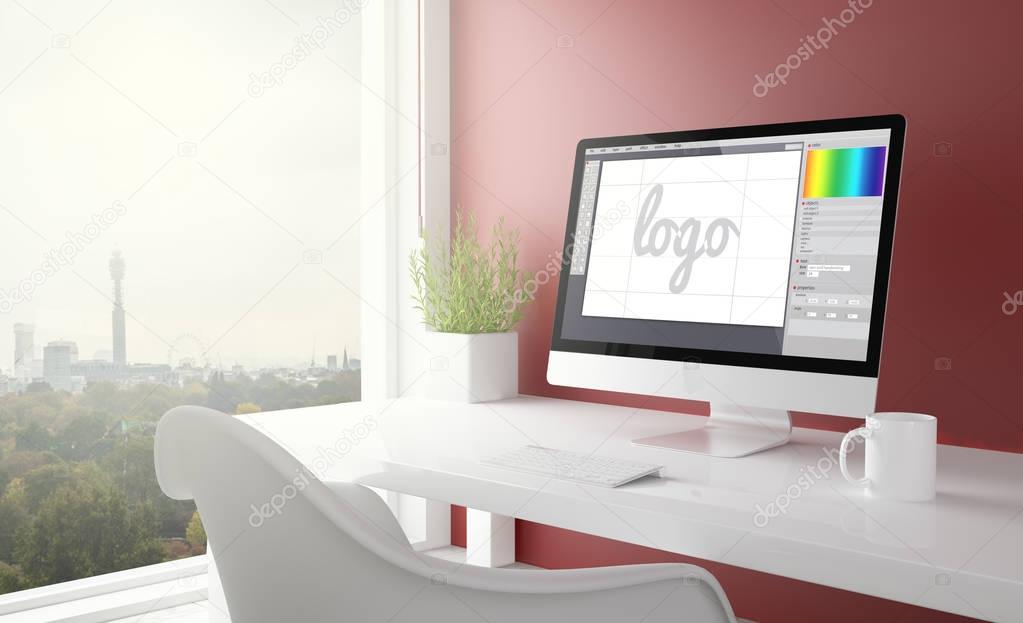 Red studio with logo design software on screen computer with london skyline in the background. 3d rendering.