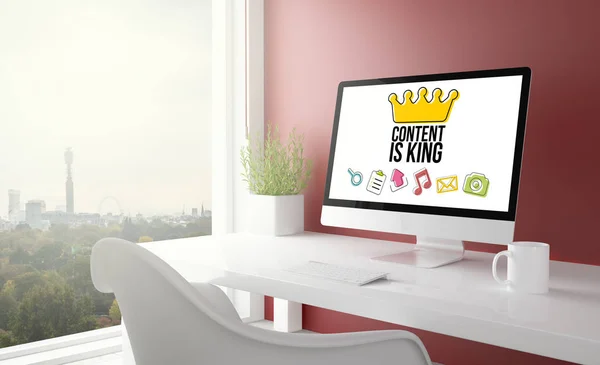 Red studio with content is king computer — Stock Photo, Image