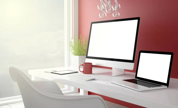 Red studio with devices collection blank screen — Stock Photo, Image