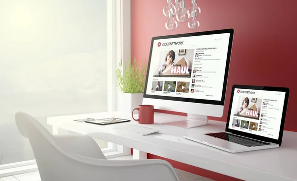 Red studio with devices collection videonetwork — Stock Photo, Image