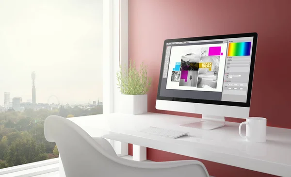 Rotes Studio mit Grafikdesign-Computer — Stockfoto