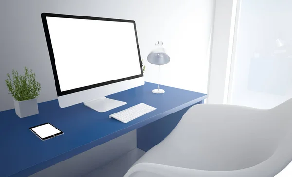 Computer in blue studio workspace — Stock Photo, Image