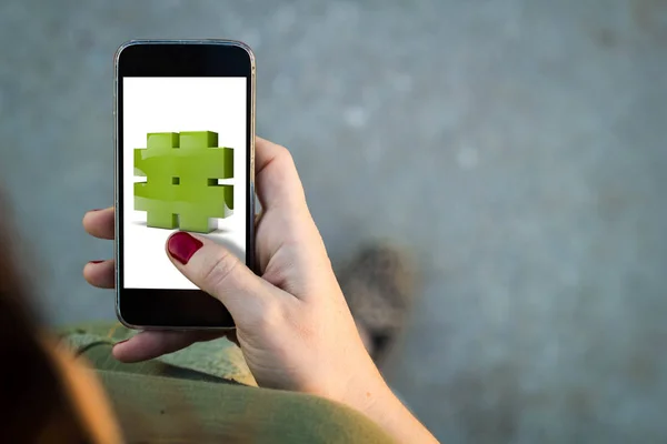 Woman walking smartphone hash sign — Stock Photo, Image