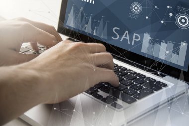 sap yazılım ile bir dizüstü bilgisayar kullanan adam