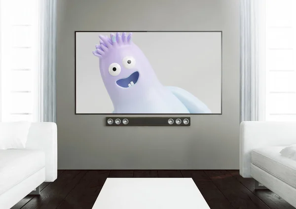 Tv inteligente em uma sala de estar de madeira — Fotografia de Stock