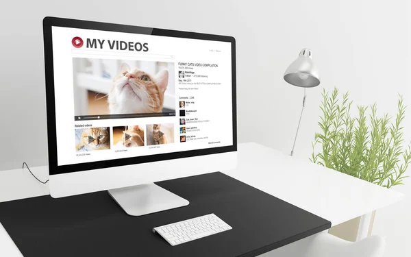 Computador mostrando vídeo tubo gatos — Fotografia de Stock