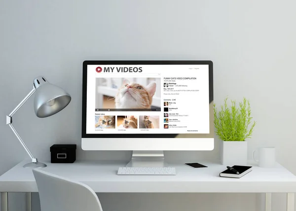 Modern wooden workspace with computer screen — Stock Photo, Image