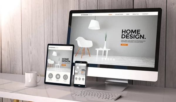 Dispositivi con sito web di interior design su schermi — Foto Stock