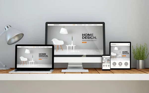 Zařízení s interior design webové stránky na obrazovkách — Stock fotografie