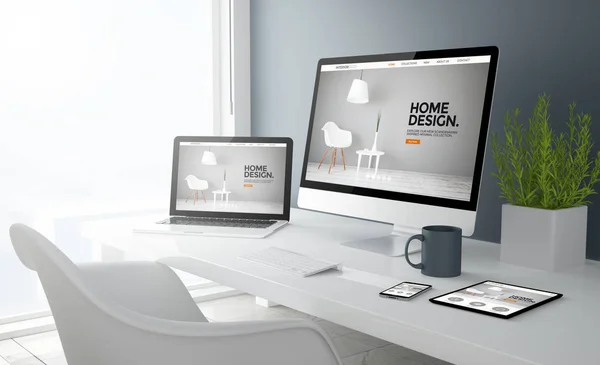 Устройства с дизайном интерьера сайта на экранах — стоковое фото