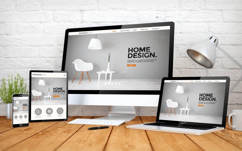 devices with interior design website on screens 