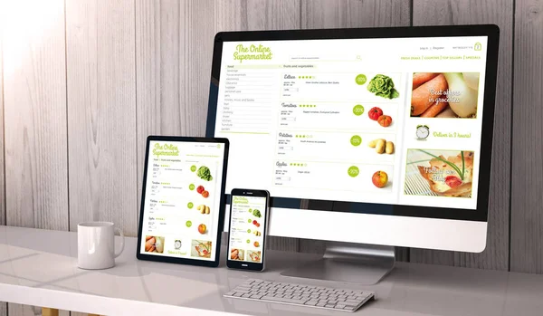 Devices responsive on workspace online groceries design — Stock Photo, Image