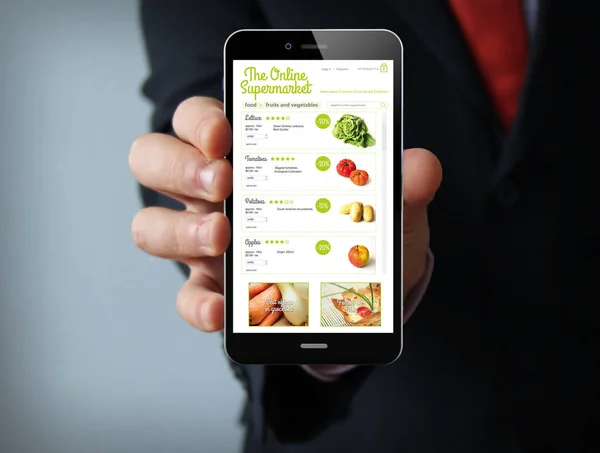 Online supermarket businessman smartphone — Stock Photo, Image