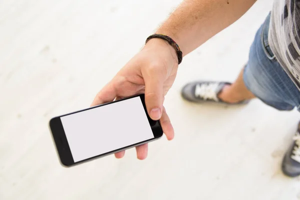 Male hands white screen smartphone — Stock Photo, Image