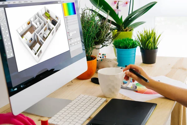 Bureau met computer en pen tablet interieurdesign — Stockfoto