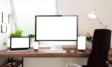 bilgisayar, dizüstü bilgisayar, tablet ve smartphone ile boş perde 3D render