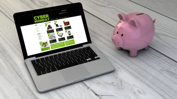 Online Shopping Koncept Piggybank Och Cyber Måndag Webbplats Laptop Skärm — Stockfoto