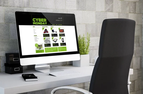 Rendering Modern Workspace Computer Screen Showing Cyber Monday Online Shop — Stock Photo, Image