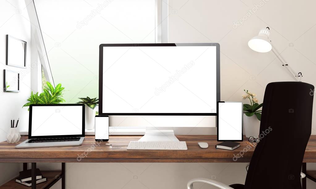 3d rendering of computer, laptop, tablet and smartphone with blank screens