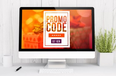 Masaüstü bilgisayar ekranında promosyon kodu ile 3D render