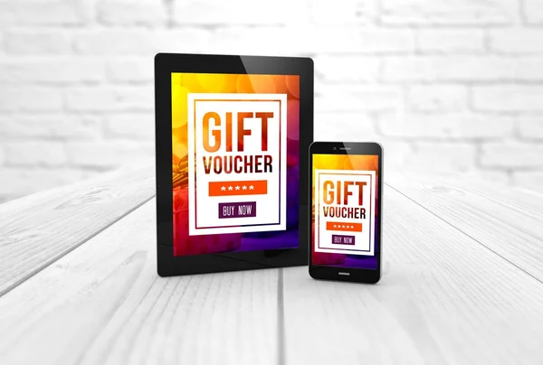 Weergave Van Tablet Smartphone Met Gift Voucher Tekst Aan Schermen — Stockfoto