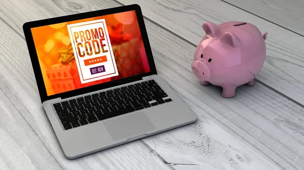 Spara Pengar Konceptet Piggybank Och Laptop Med Promo Kod Text — Stockfoto