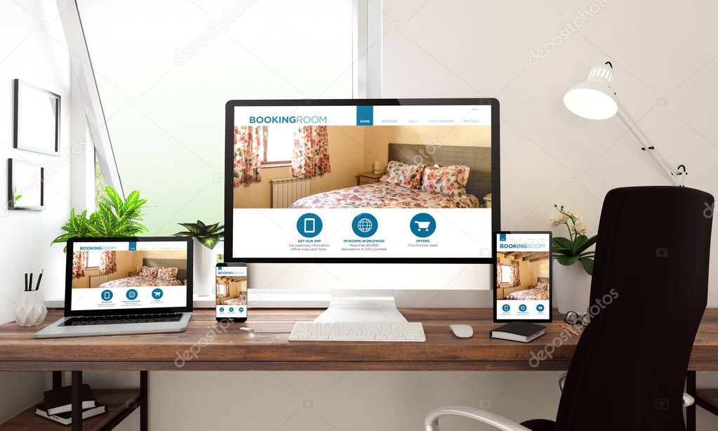 3d rendering of computer, laptop, tablet and smartphone showing bedroom booking website