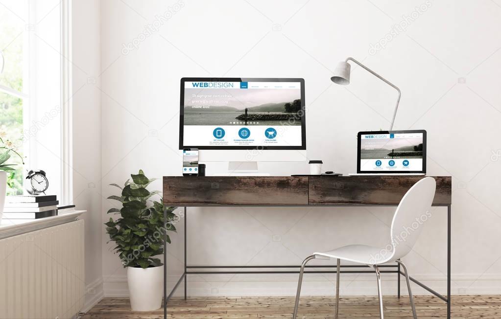3d rendering of website design on desktop computer and laptop