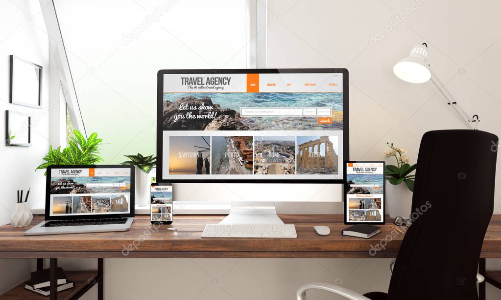 3d rendering of computer, laptop, tablet pc and smartphone showing travel agency website