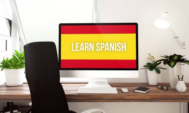 Masaüstü bilgisayar ile İspanyol metin üstünde perde, 3B oluşturmayı öğrenin