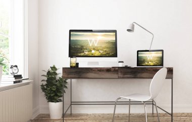 Masaüstü bilgisayar ve dizüstü bilgisayar üzerinde web sitesi tasarımı 3D render