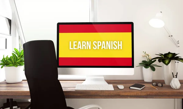 Computador Desktop Com Aprender Texto Espanhol Tela Renderização — Fotografia de Stock