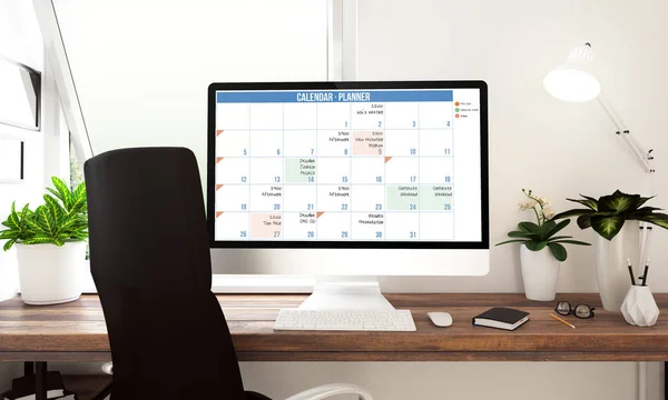 Computer Met Kalender Planner Scherm Rendering — Stockfoto