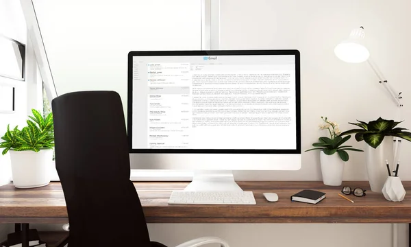 使用台式计算机 电子邮件软件界面在屏幕上呈现办公室表 — 图库照片