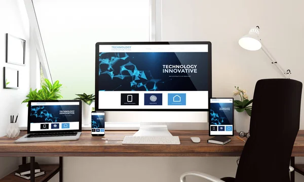 デスクトップ コンピューター ラップトップ タブレット スマート フォン表示技術革新的なウェブサイトの レンダリング — ストック写真