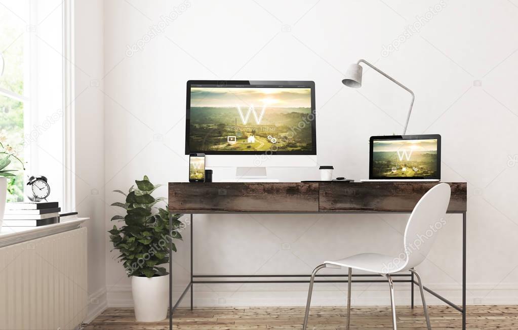 3d rendering of website design on desktop computer and laptop
