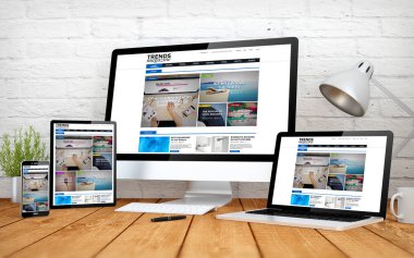 çalışma alanı bilgisayar, dizüstü bilgisayar, akıllı telefon ve tablet PC'de online dergisi Web sitesi ekranlarda, 3d render ile