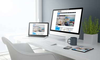 çalışma alanı bilgisayar, dizüstü bilgisayar, akıllı telefon ve tablet PC'de online dergisi Web sitesi ekranlarda, 3d render ile