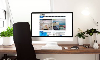Masaüstü bilgisayar, eğilimleri Web sitesinde ekran, 3d render ile modern çalışma alanı